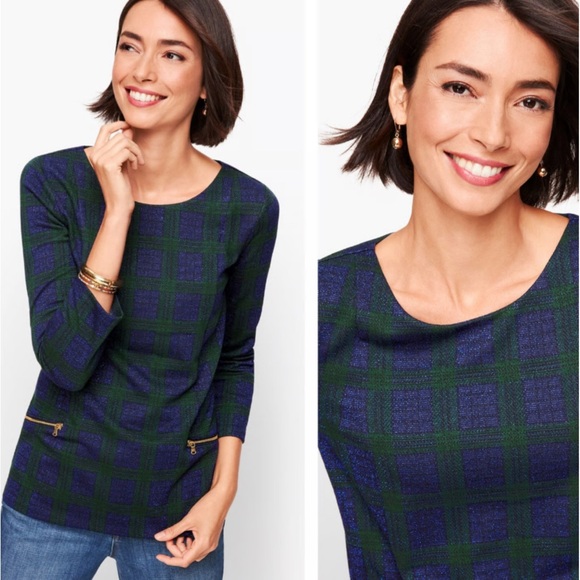 Talbots Zip Pocket Jacquard Green and Blue Plaid Print with Gold Hardware Large - Picture 7 of 7